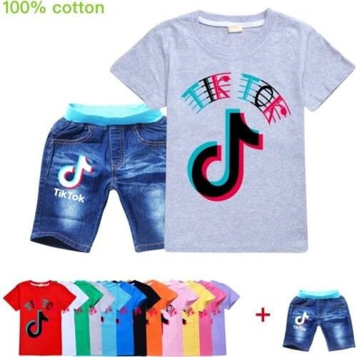 2021 Girls Clothes Summer Boys Short Sleeve T-Shirts +Denim Shorts Suits Children Clothing Sets Kids Clothes Teen 2-16 Years