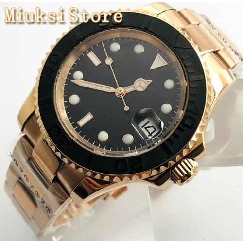 40mm rose gold case sapphire glass ceramic bezel black sterile dial date window luminous mens top automatic watch
