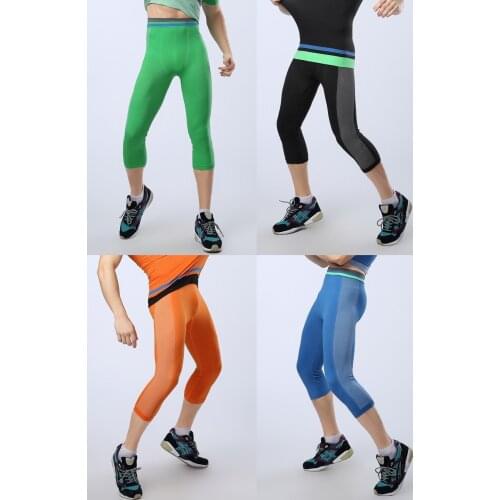 Free Shipping 4 Colours Men Running Pants Slimming Body Shaper Capri Contrast Colour Yoga Fitness Quick Drying Tights Z034