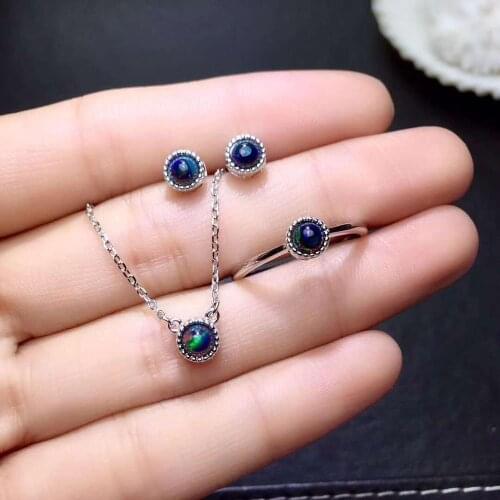 Black Opal Set Natural Opal jewelry set Natural Real Opal 925 sterling silver 1pc pendant,1pc ring,2pcs Earring