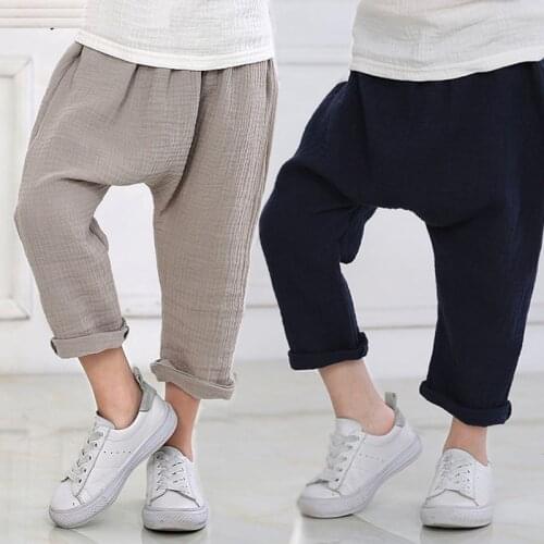 Kids Summer Solid Linen Pleated Trousers Ankle-length Children Pants For Baby Boys Girls Pants Harem Pants Anti-Mosquito