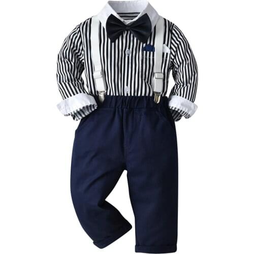 Childrens Gentleman Suit Autumn Kids Boys Clothing Sets Striped Shirts Suspender Pants Boys Birthday Party 2pcs Suit 2-8 Years