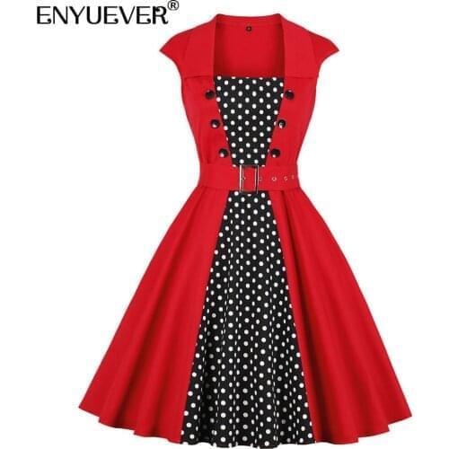 Enyuever Elegant Vintage Dresses 50s 60s Retro Summer Clothes Cotton Belt Red Polka Dot Patchwork Robe Pinup Swing Casual Dress