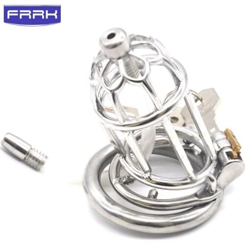 FAAK Mens Metal SM gay sex games penis ring Stainless steel with catheter Birth control penis lock queen Sex training Sex Shop