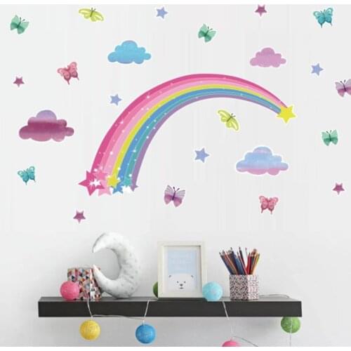Pretty Shining Stars On Rainbow Cloud Butterflies Wall Stickers Room Decoration Art Decals for Nursery Kids Removable Home Mural