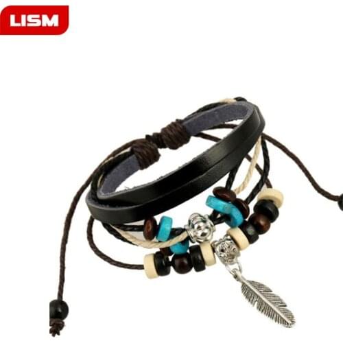 Vintage Leaf Feather Multilayer Leather Bracelet Men Fashion Braided Handmade Star Rope Wrap Bracelets & Bangles Male Gift