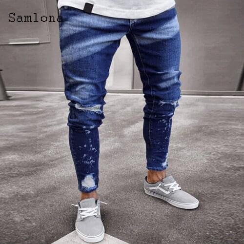 Samlona Mens Sexy Jeans Casual skinny Hole Ripped Pants Fashion 2020 European and American style Biker Hip Hop Denim Trousers