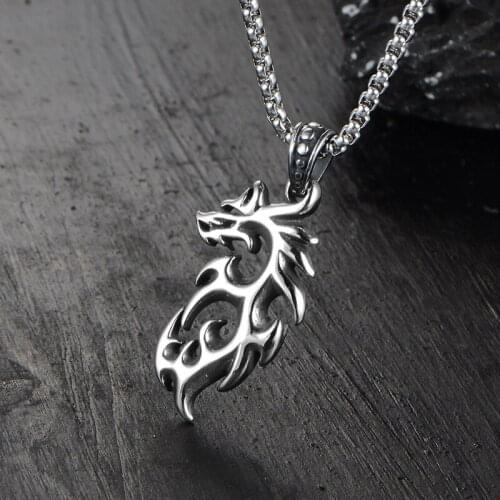 ZTLXY 2021 Mens Punk Dragon Flame Titanium Stainless Steel Cool Pendant Necklace Mens necklace