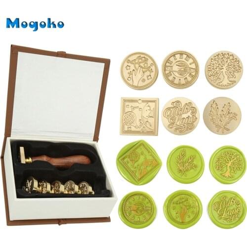 Mogoko Wax Seal Stamp Set Botanical and Moon Series Sealing Wax Stamp 6x Vintage Brass Stamp Heads+1x Wooden Handle Wedding Gift