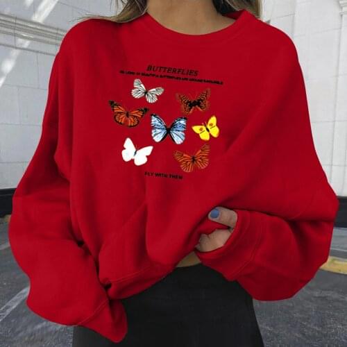 New Fashion All-Match Women Butterfly Print Large Size Tops Sweatshirt Casual Loose Pullovers Long Sleeve Autumn Winter Tops