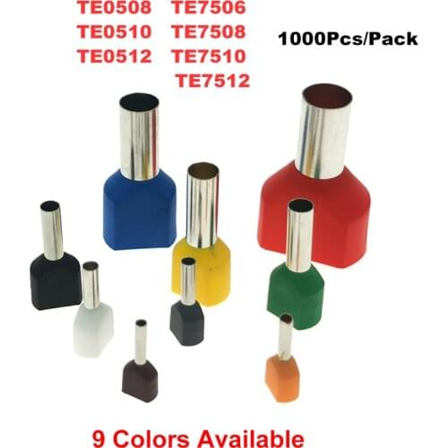 1000Pcs Crimp Terminals TE0508~7512 Electric Double Line Termina Dual Wire Tube Insutated Cord End Cable Ferrules 0.5~7.5mm²