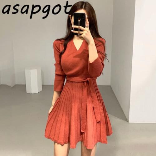 Autumn Simple Chic Korea Temperament V Neck Sweaters Dress Mini Slim Lace Up Waist Knitted Pleated Dress Vintage Bottom Vestidos