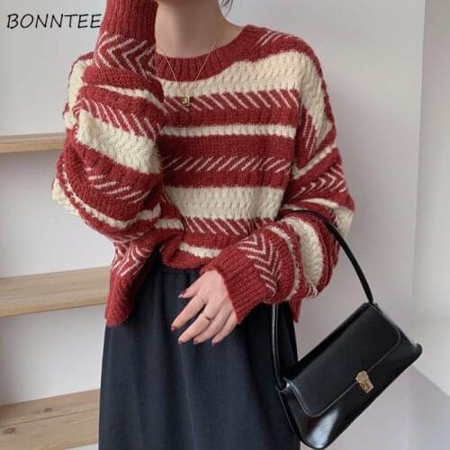 Pullover Women O-neck Knitted Full Sleeve Striped Casual Vintage Japanese Style Retro Sweaters Lazy Elegant All-match Trendy New
