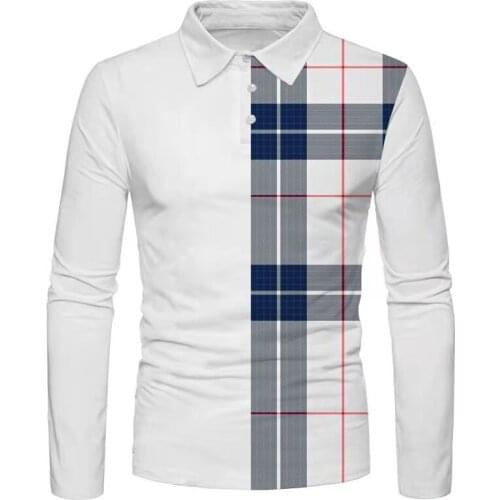 Long Sleeve Polo Shirt Autumn Fashion Mens Plaid Button Turn-Down Collar T-shirt Clothes Casual Vintage High Quality Polos