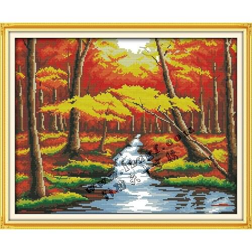 57*46 Needlework,DIY DMC Cross stitch,Set For Embroidery kit, Gold Wood River Autumn Scenery Patterns Cross-Stitch,Wall Painting