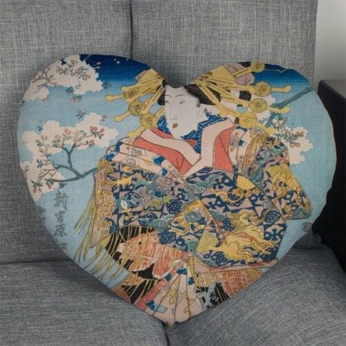Ukiyo-e Japanese Art Pillow Case Heart Shaped Zipper Pillow Cover Satin Soft No Fade Pillow Cases Home Textile Decorative
