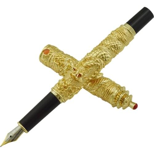 Jinhao Vintage Luxurious Fountain Pen Golden Tower Cap Small Double Dragon Playing Pearl, Metal Carving Embossing Heavy Pen