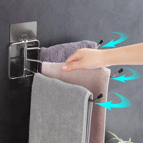 Multi-Bar Rotating Towel Storage Rack Hanging Holder Bathroom Kitchen Organizer Tools Wall-Mounted Punch-Free Support Shelf