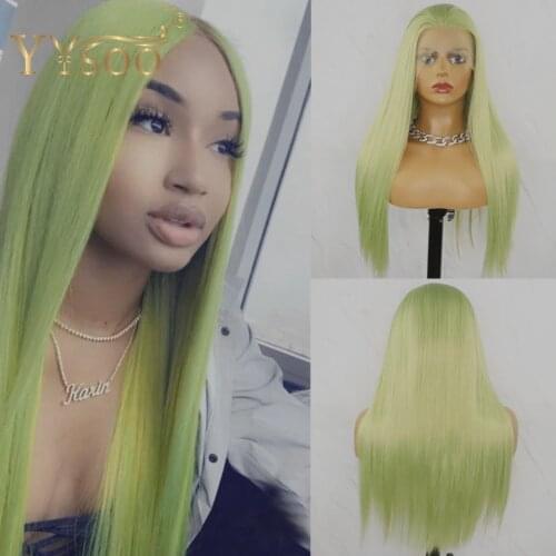 YYsoo Long Silky Straight Green Synthetic Hair 13X1 Lace Front Wigs For Black Women 3x5 Silk Base Lace Wig Free Part