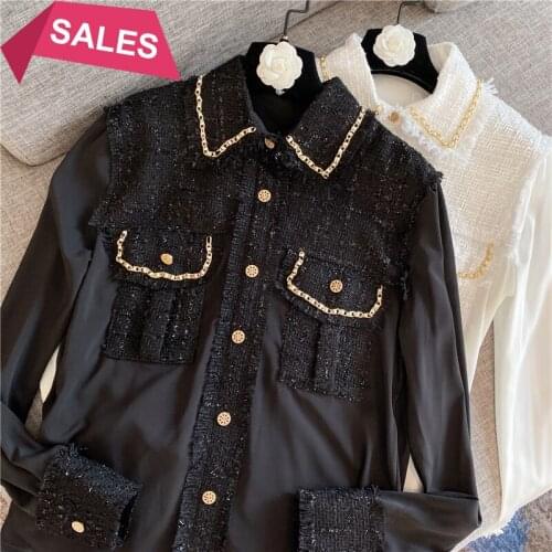 2021 autumn and winter models French temperament gold thread edging niche design sense woolen knitted stitching shirt top women