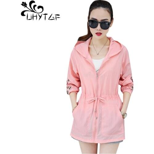 UHYTGF Womens summer coats Fashion hooded thin sun protection clothing embroidered zipper breathable loose plus size tops 1515