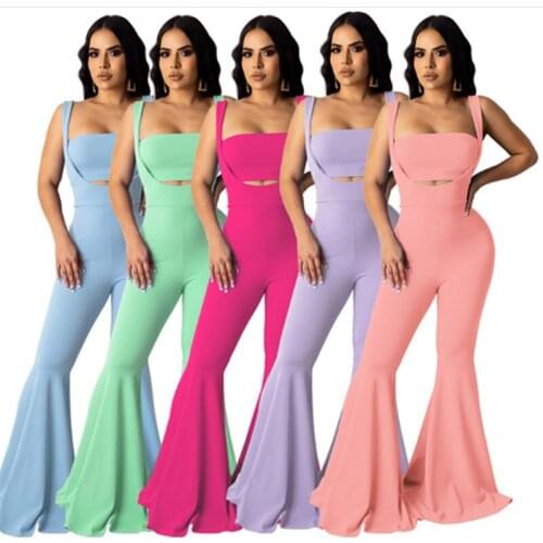 New Arrival Women Solid Color Casual Sexy 2 Piece Sets Sleeveless Tube Top + Sling Flare Trousers Skinny Trendy Suits Streetwear