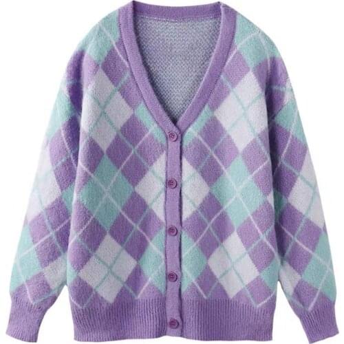 The New 2021 Womens Button-down Knit Sweater Long Sleeve V-neck Diamond Print Loose Cardigan Coat Ins Style