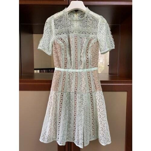 2021 Summer Dresses for Women Green Mini A-Line Lace Hollow out Casual Streetwear Elegant Office Lady Robes Vestidos Korean ins