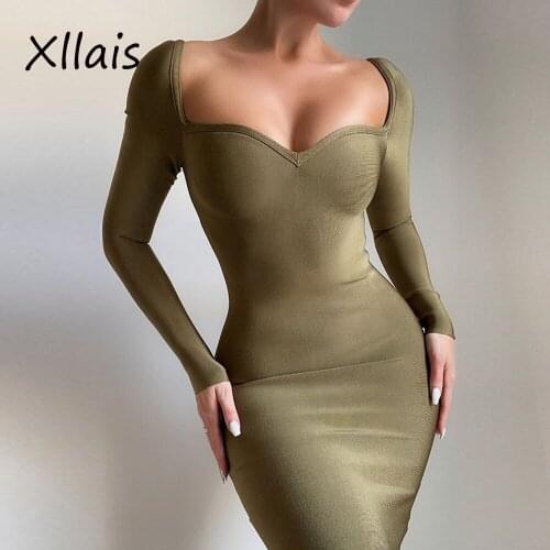 XLLAIS Womens Cotton Long Sleeve Maxi Dress 2021 Fall Clothes Sexy Square Collar Tight Outfits Elegant Evening Party Robes