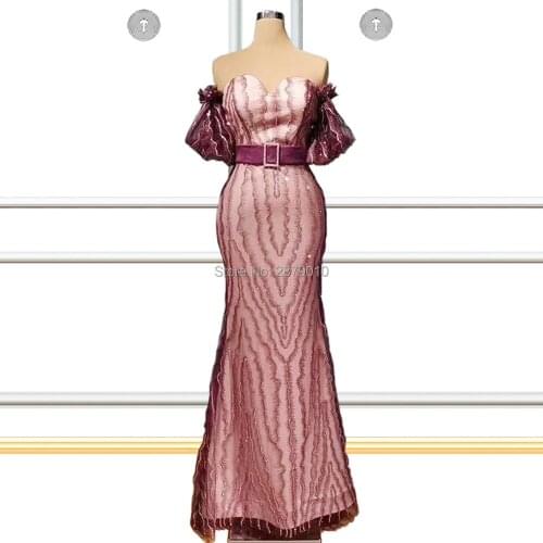 Off The Shoulder Burgundy Sheath/Column 2019 Evening Dress Floor-Length Women Dress Tulle Sash Prom Dress Formal Dress Dubai