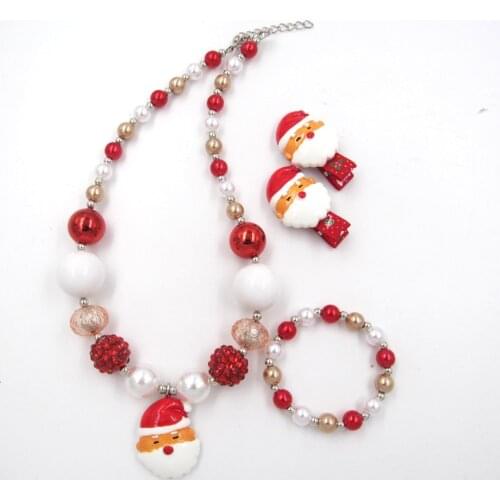 2020 Winter Baby Girls Santa Claus Charm 8-20MM Chunky Beads Necklace Bracelet Hairpin Set Christmas Gift For Child Girl 1Set