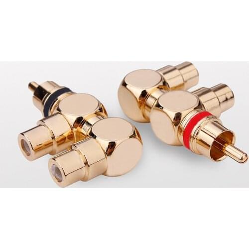 4PCS HIFI Gold Plated Brass RCA Male to 2 Female RCA Splitter Adapter AV Video Audio T Plug RCA 3 Way Plug Gold RCA Socket Jack