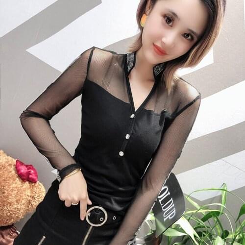 #5537 Black See Through T Shirt Women Sexy Mesh Top Female With Diamonds Short T Shirts Female Slim Tight T-shirt V Neck Summer