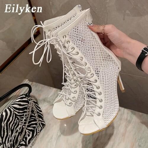 Eilyken Gladiator Women Boot Sandals Summer Peep Toe Lace Up Cross-tied High Heel Ankle Strap Net Surface Hollow Out Sandals