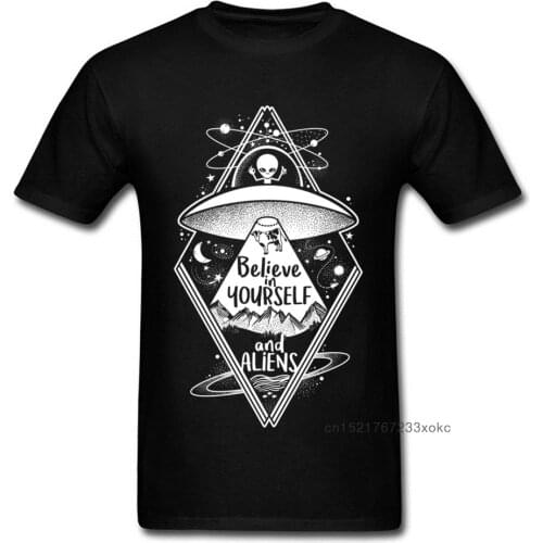 Black UFO Alien T-shirt Men Believe In Yourself And Aliens Tops Tees Summer Hip Hop Tshirt Cartoon T Shirts Fun Clothes
