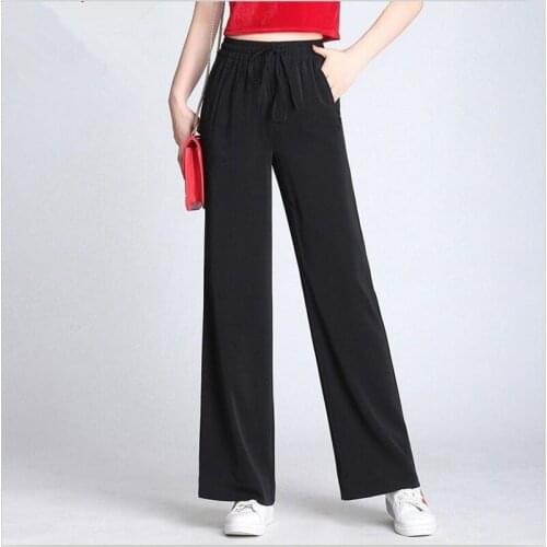 Black Chiffon Slim Women Long Straight Pants All-Match High Elastic Waist Wide Leg Pants Plus Size Female Trousers M-7XL