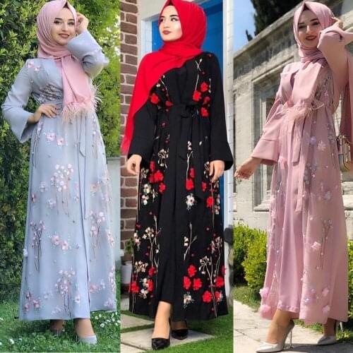 3D Appliques beading Muslim Dress Flounce Abaya Long Robe cardigan kimono Gowns Tunic Vestido Jalabiya Ramadan robe wq2464