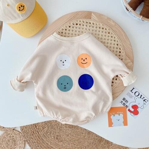 Infant Girls Long Sleeve O Neck Cartoon Smiling Face Baby Boys Cotton Bodysuits Kids Casual Rompers Toddler Outfits