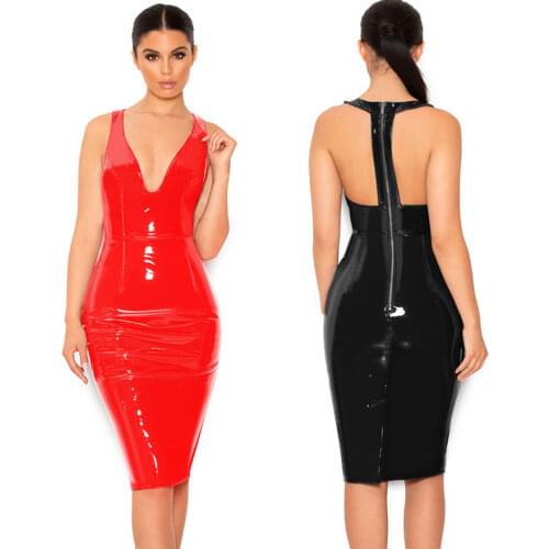 Gothic Sexy Lingerie Black Red Bright PVC Faux Leather Club Dress V Neck Fetish Party wear S--6XL GL893