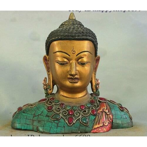 China Tibetan Buddhism Temple Bronze Gilt Inlay Turquoise Shakyamuni Head Statue