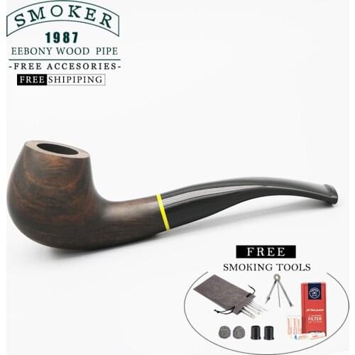 ▂ξ Smoker~Bent Stem Tobacco Pipe With Yellow Ring Fit For 9MM Filters With Free Smoking Tools