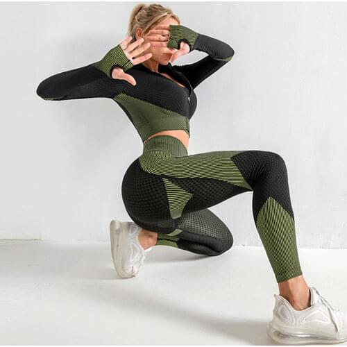 Seamless Women Yoga Pants Set Workout Sportswear Gym Clothing Fitness Long Sleeve Crop Top Bra High Waist Leggings Sports Suits