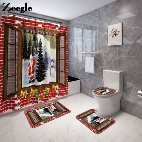 Christmas Bathroom Mat and Shower Curtain Toilet Mat Carpet Non Slip Rug Bathroom Decoration Home Microfiber Mat for Bathroom