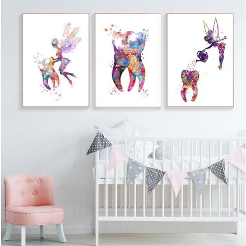 Dental Art Tooth Fairy Canvas Painting Watercolor Wall Art Poster Dental Hygienist Canvas Print Teeth Wall Pictures Clinic Decor