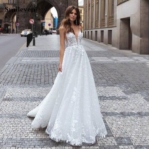 Smileven A Line Wedding Dress 3D Lace Boho Bridal Dresses V Neck arabic Vestido De Noiva Wedding Gowns For Girl Custom Made