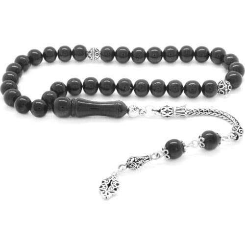 Tesbihane 925 Sterling Silver Tassels Sphere Cut Simple Erzurum Oltu stone Rosary