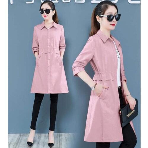 Women Trench Autumn Spring thin women Coat Medium long style new polo collar solid Slim waist large size thin Female Windbreaker
