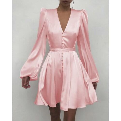 High Quality Vintage Women V Neck Plain Puff Sleeve Ruched zevity Button Front Shirt Dress Casual A-Line Slim Waist Party Robe