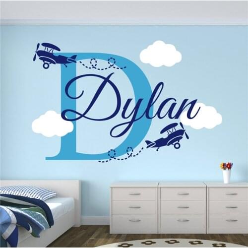 High Quality Custom Boys Name Wall Stickers Airplanes With Clouds Cute Kids Wall Mural Custom Name Nursery Bedroom Decor ZW365
