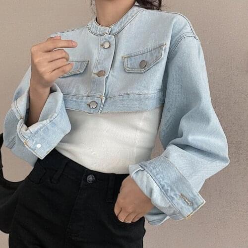 Chic New Style Washed Blue Denim Jacket Female Back Hollow Long Sleeve Extra Short Jacket Coat Jeans Streetwear Casual Outwear